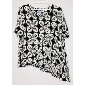 Tienda Ho Womens Tunic Top Large Black White Print Rayon Scoop Neck Asymmetrical